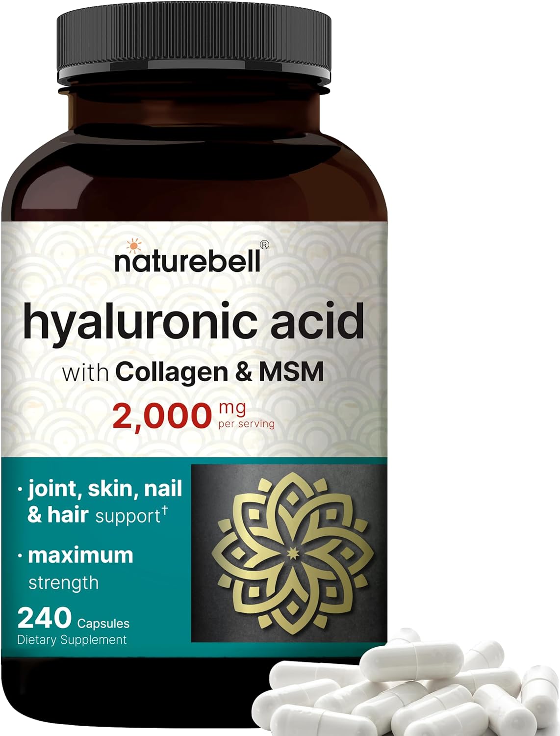naturebell Hyaluronic Acid with Multi-Collagen & MSM - 2000 mg - 240 Capsules