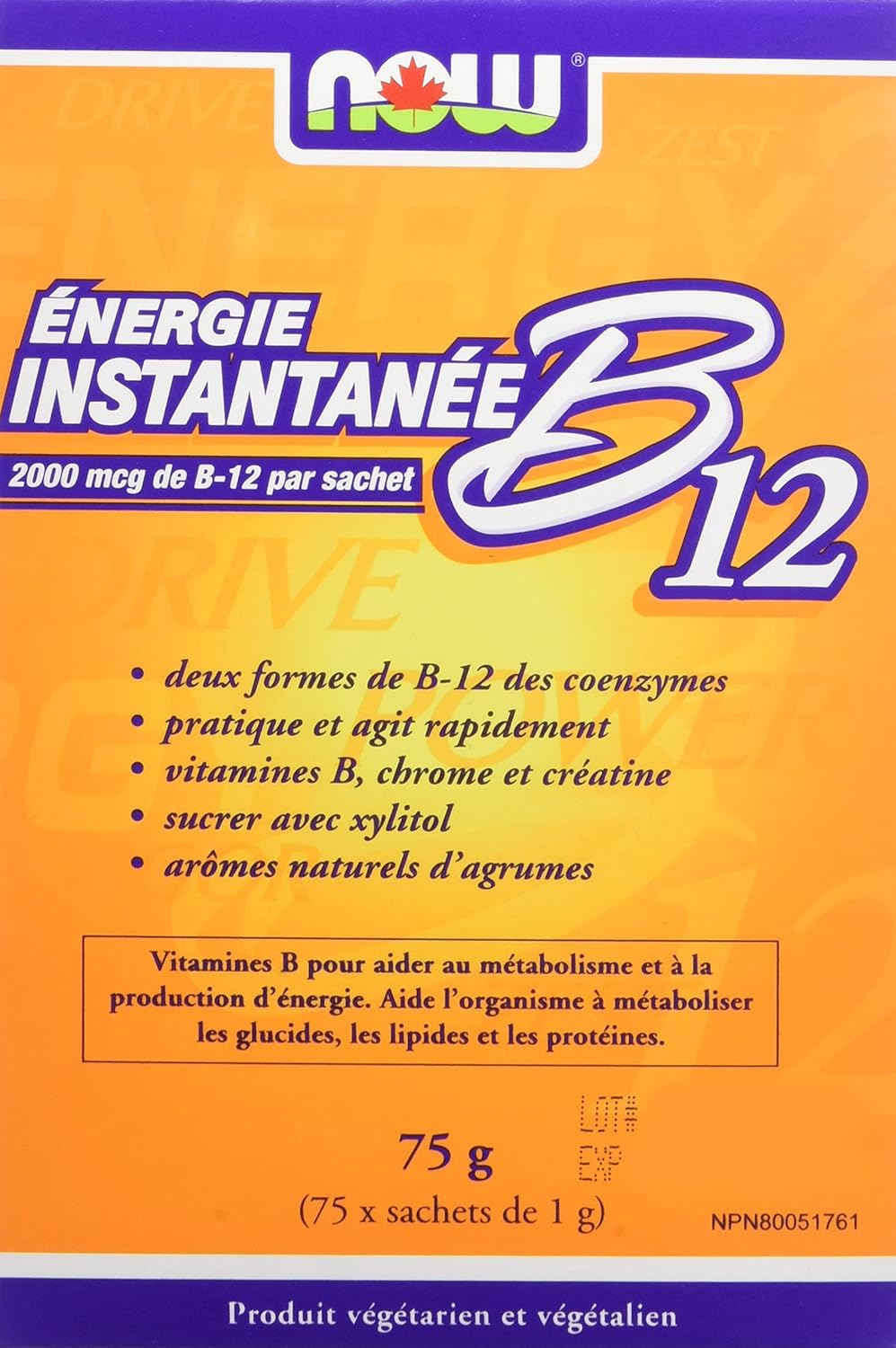 NOW Instant Energy B-12 - 2,000mcg - 75 Packets - 75g