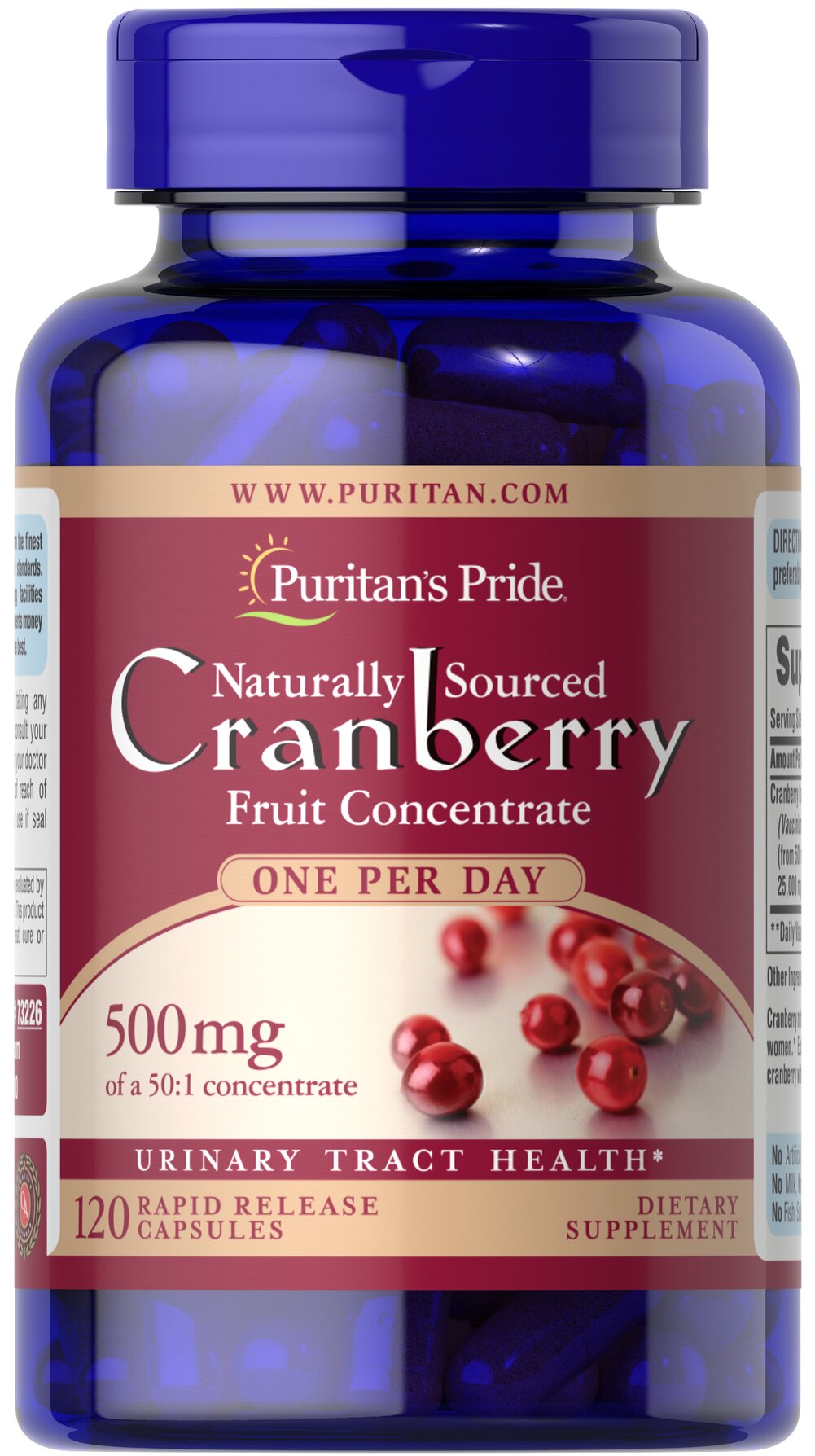 Puritan's Pride Naturally Sourced Cranberry Fruit Concentrate - 500 mg - 120 Rapid Release Capsules