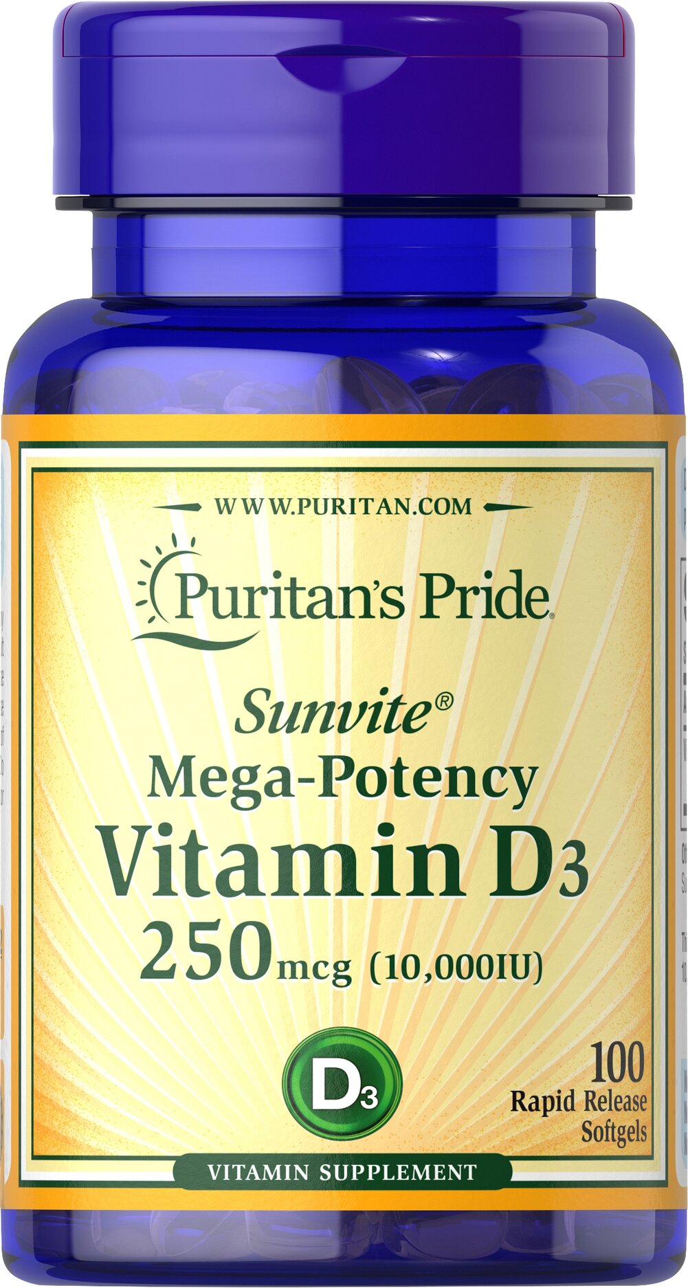 Puritan's Pride Vitamin D3 - 250mcg (10,000 IU) - 100 Softgels