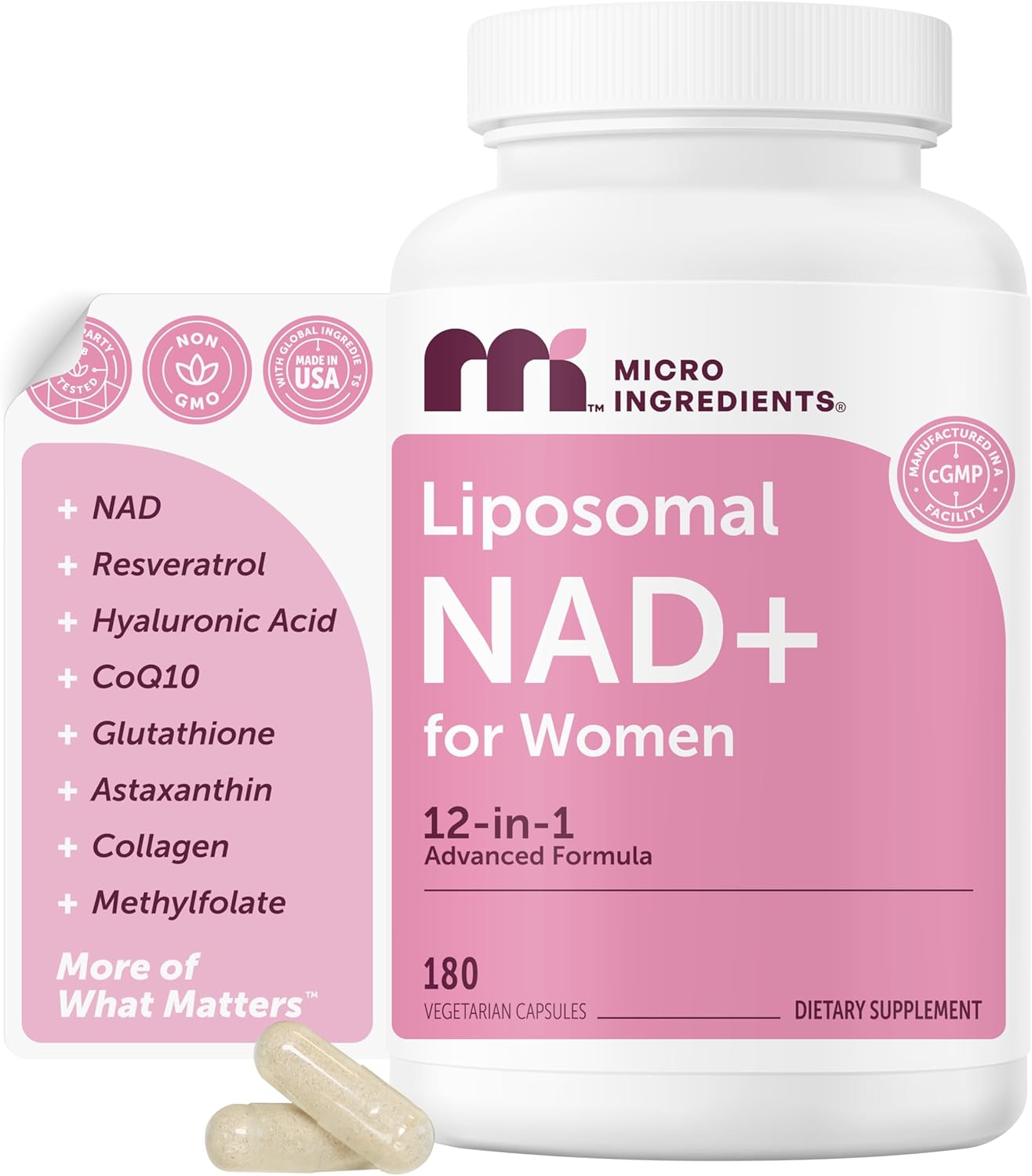 Microingredients Liposomal NAD+ for Women Complex, 180 Veggie Capsules | 12-in-1 Advanced NAD Formula with Resveratrol, Hyaluronic Acid, Glutathione, & Collagen