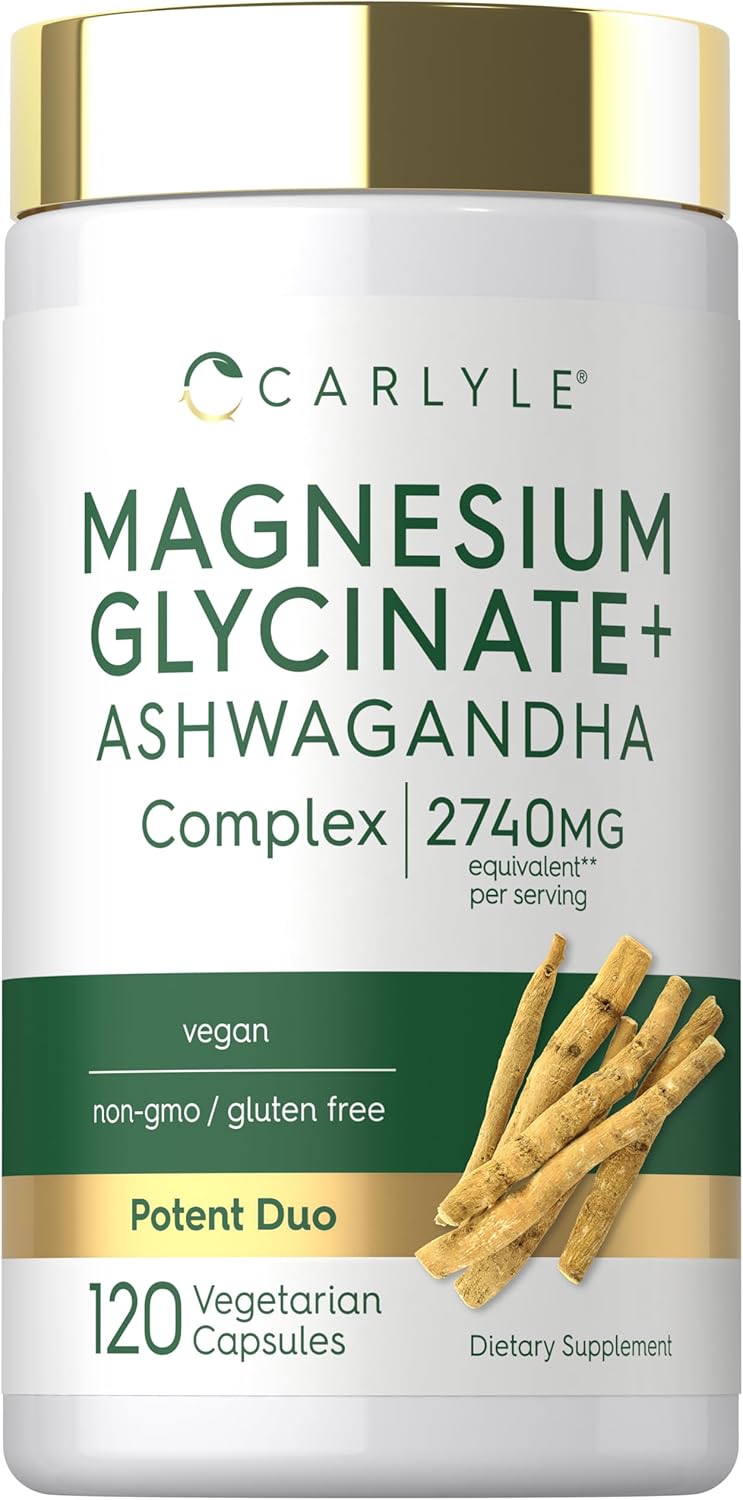 Carlyle Magnesium Glycinate with Ashwagandha | 120 Vegetarian Capsules | Potent Duo | Non-GMO and Gluten Free Supplement