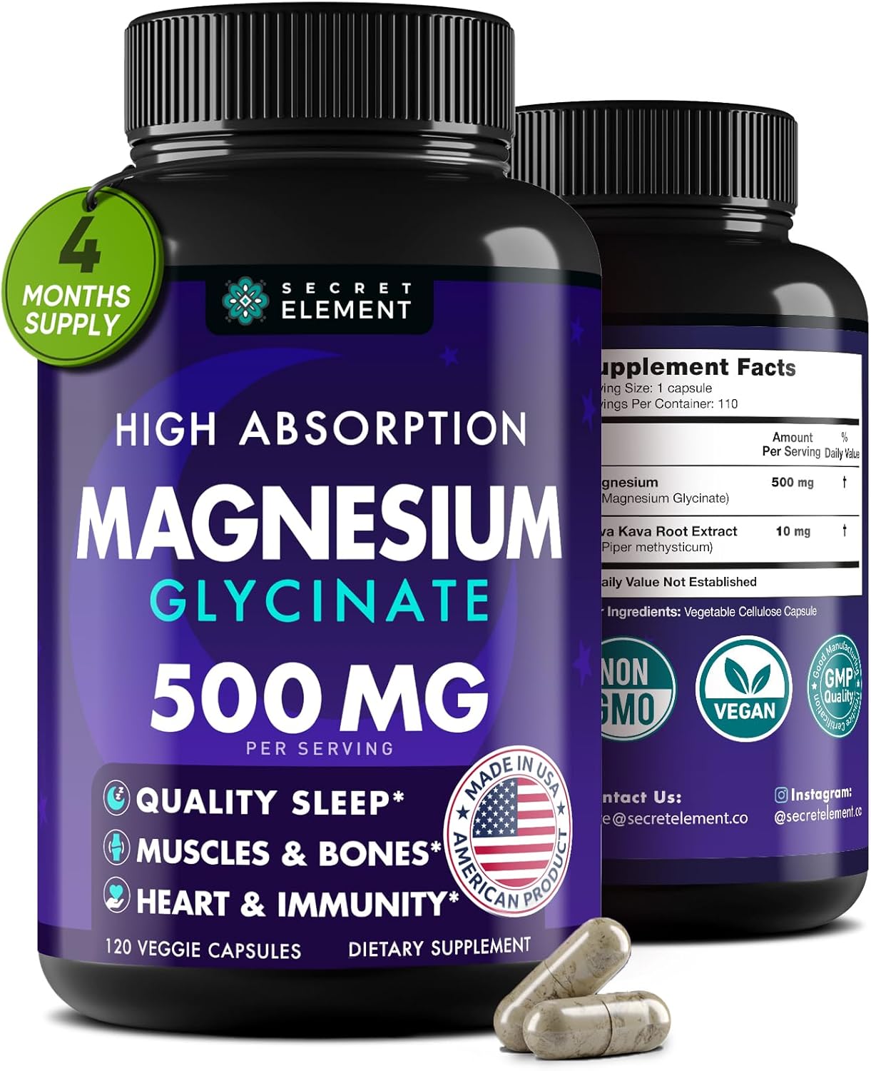 Secret Element Magnesium Glycinate - 500mg - 120 Veggie Capsules