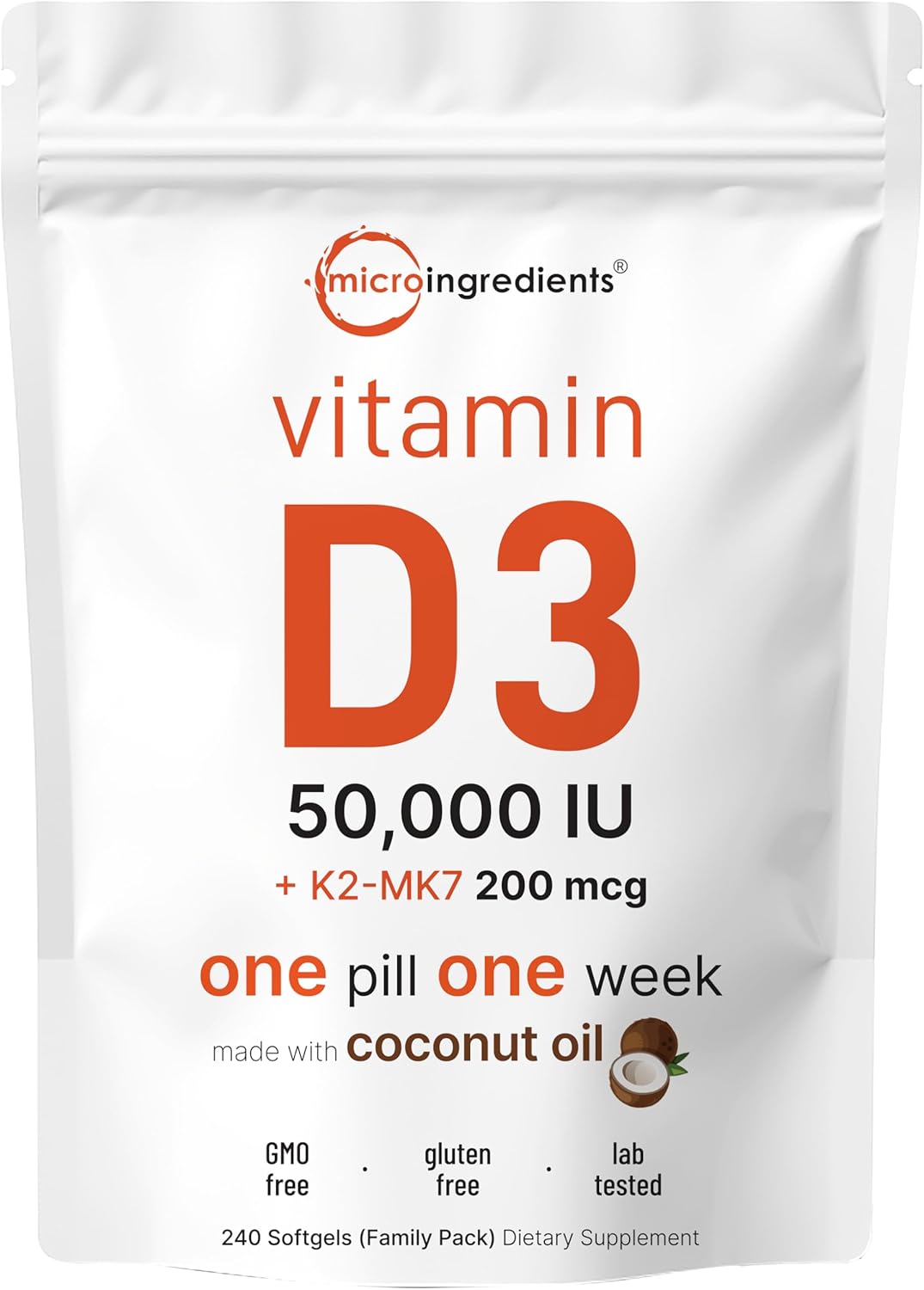 MicroIngredients Vitamin D3 (50,000 IU) + K2-MK7 (200 mcg): Made with coconut oil, 1 pill per week (240 Softgels)