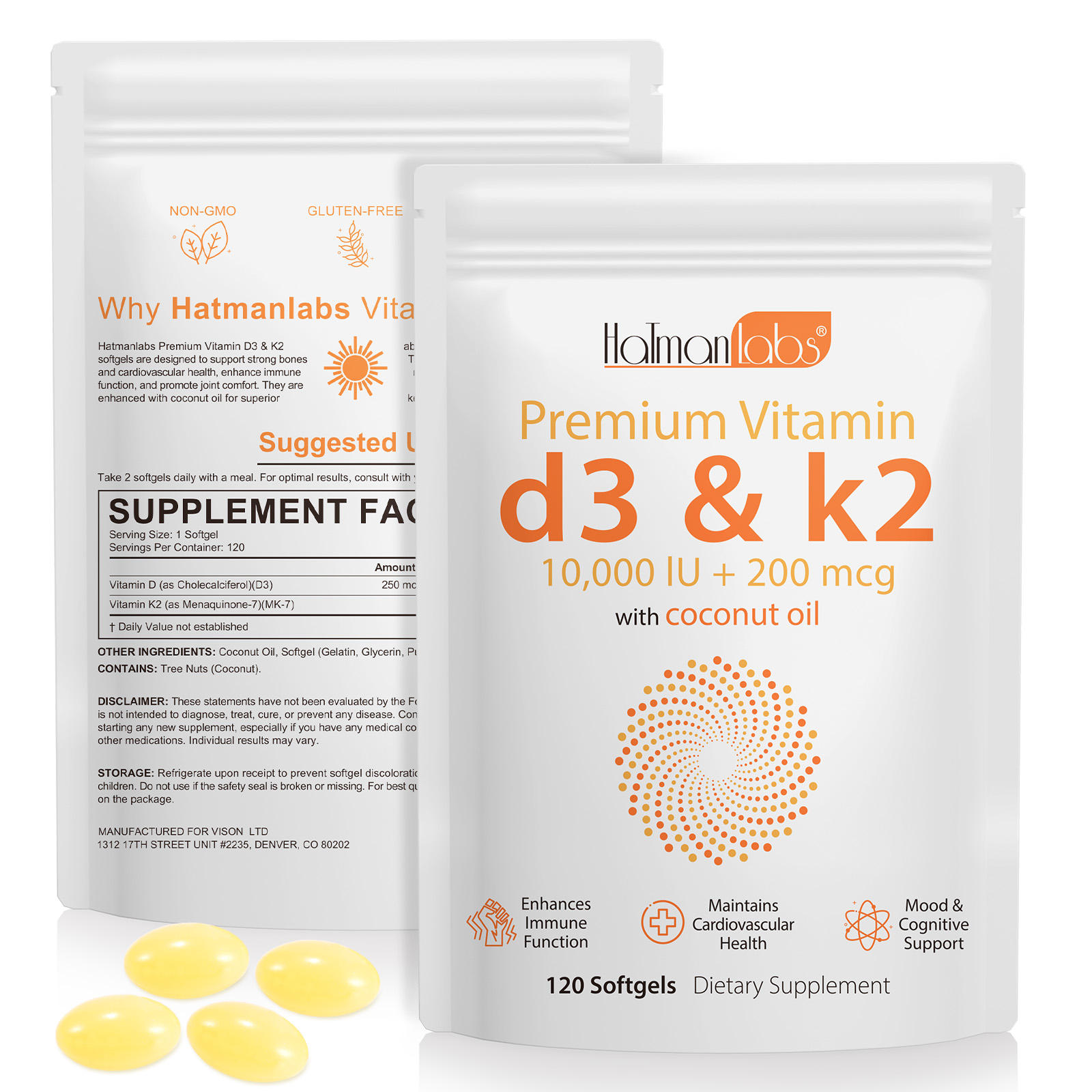 Hatmanlabs Premium D3 & K2 Vitamin 10000 IU + 200mcg with Coconut Oil Supplement 120 softgels