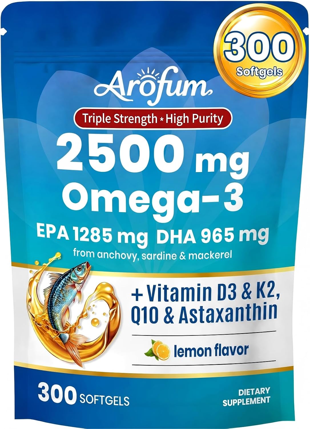 Arofum Omega-3 2500mg EPA (1,285 mg) DHA (965 mg) Vitamin D3 & K2 300 softgels