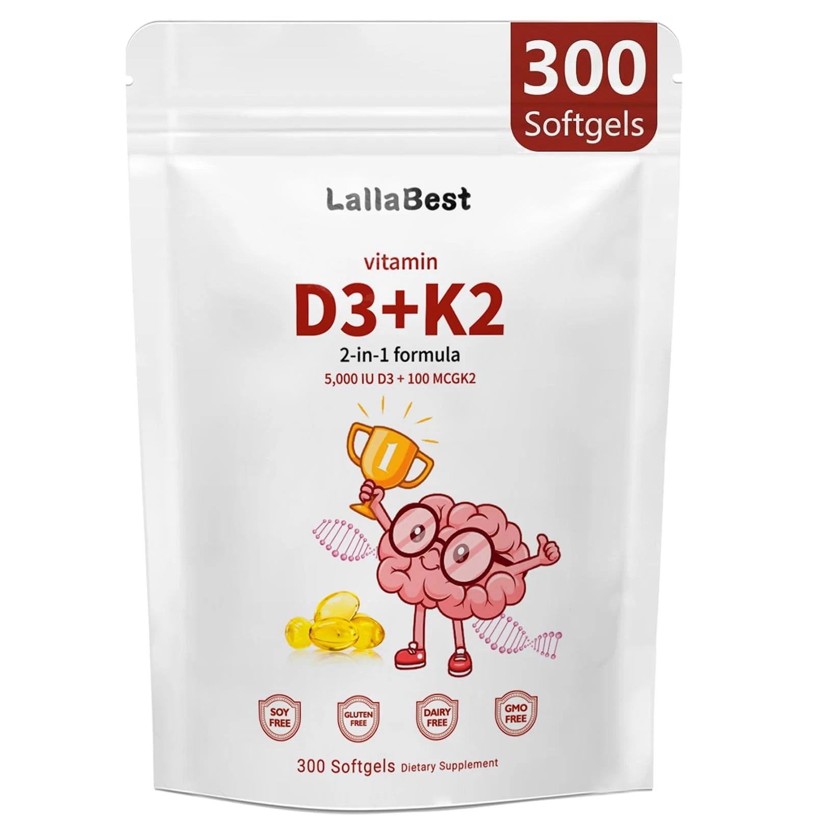 LallaBest Vitamin D3 10000 iu Plus K2 (MK-7) 200 mcg, 1 Count (Pack of 300)