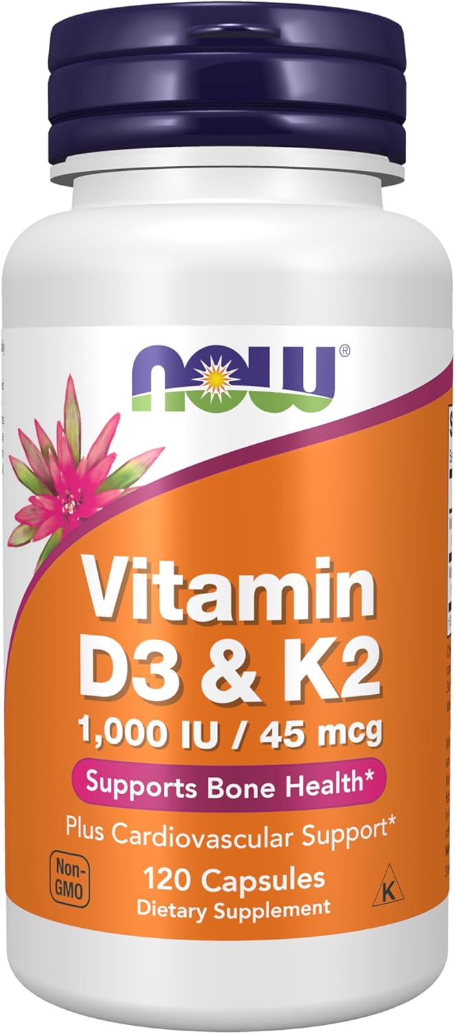 NOW Supplements, Vitamin D-3 & K-2, 1,000 IU/45 mcg, 120 Veg Caps