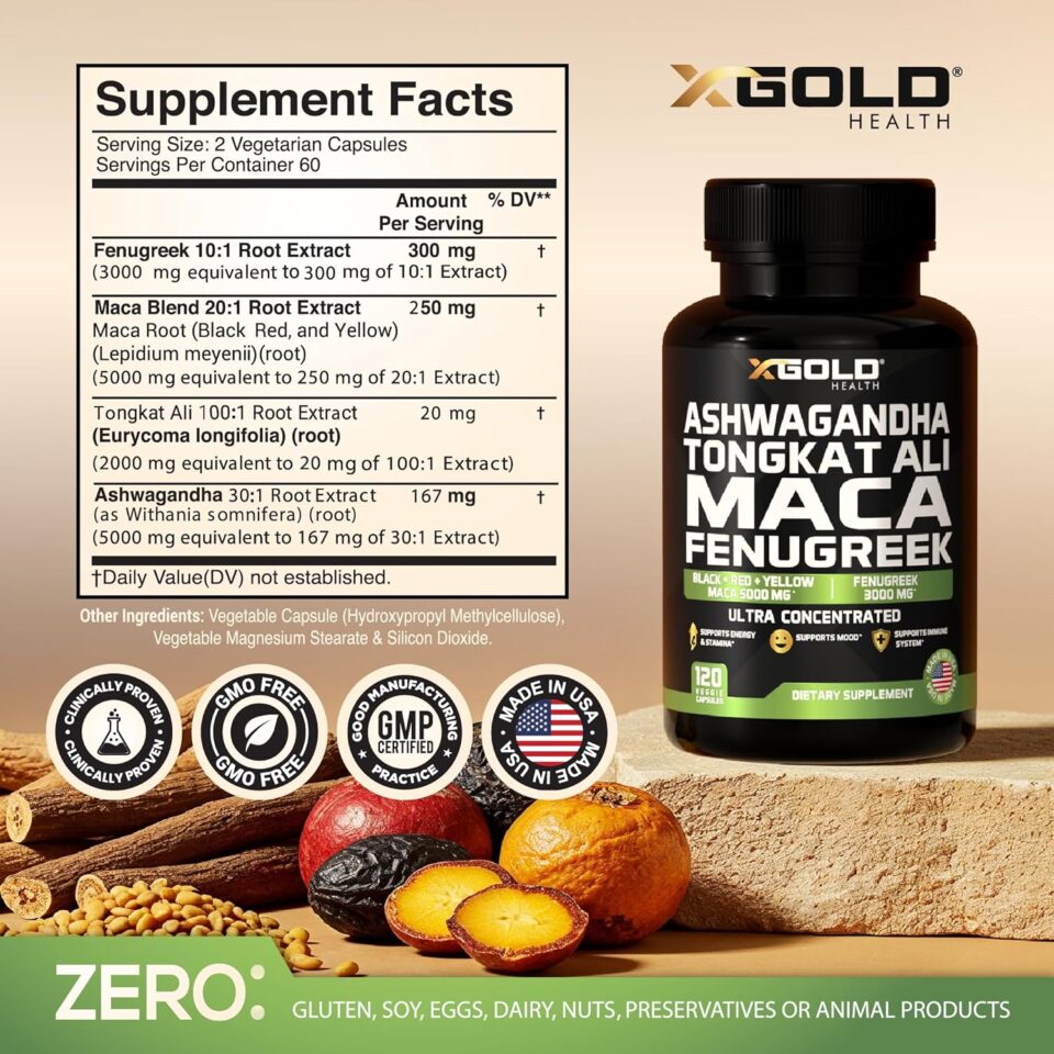 X Gold  Ashwagandha Tongkat ali maca Fenugreek ultra concentrated-120 Capsules - Image 3