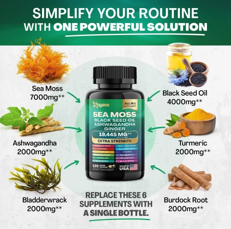 Zoyava Sea moss black seed oil Ashwagandha ginger-60 capsule - Image 2